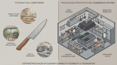 Comparison: Chef’s knife (portable instrument) vs commercial kitchen (managed environment)